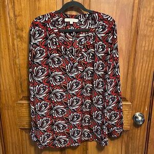LOFT Red and Black Floral Split-Neck Blouse